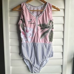 Pink Floral One-Piece Swimsuit with Stripes